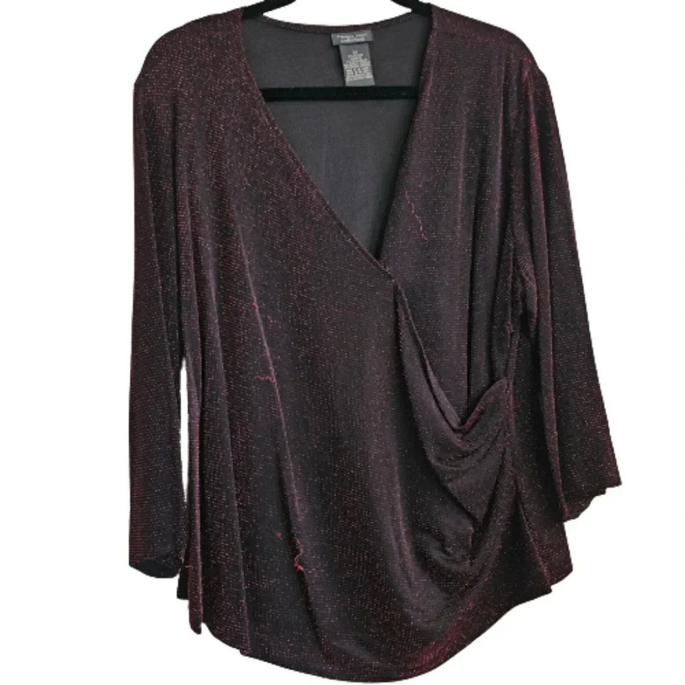 Dress Barn Collection Red/Black Cross-over Top 3/4 sleeve
